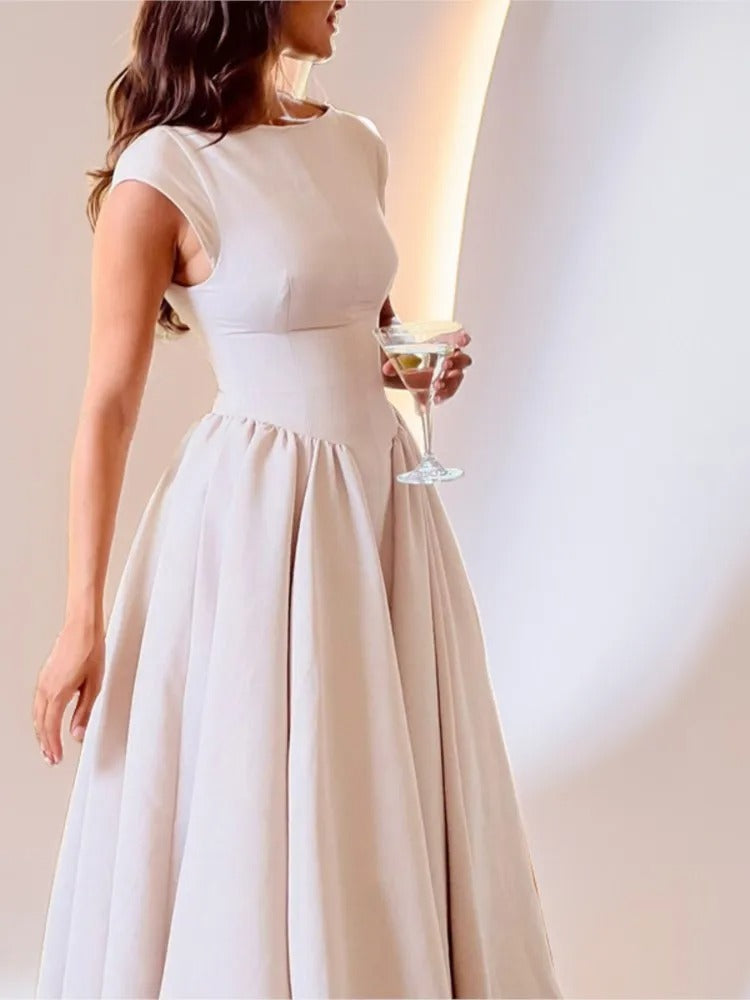 Satin midi party dress with cap sleeves in apricot