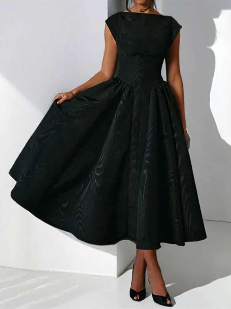 Satin midi party dress with cap sleeves in black