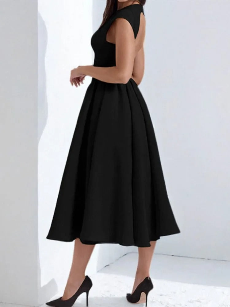 Satin midi party dress with cap sleeves in black