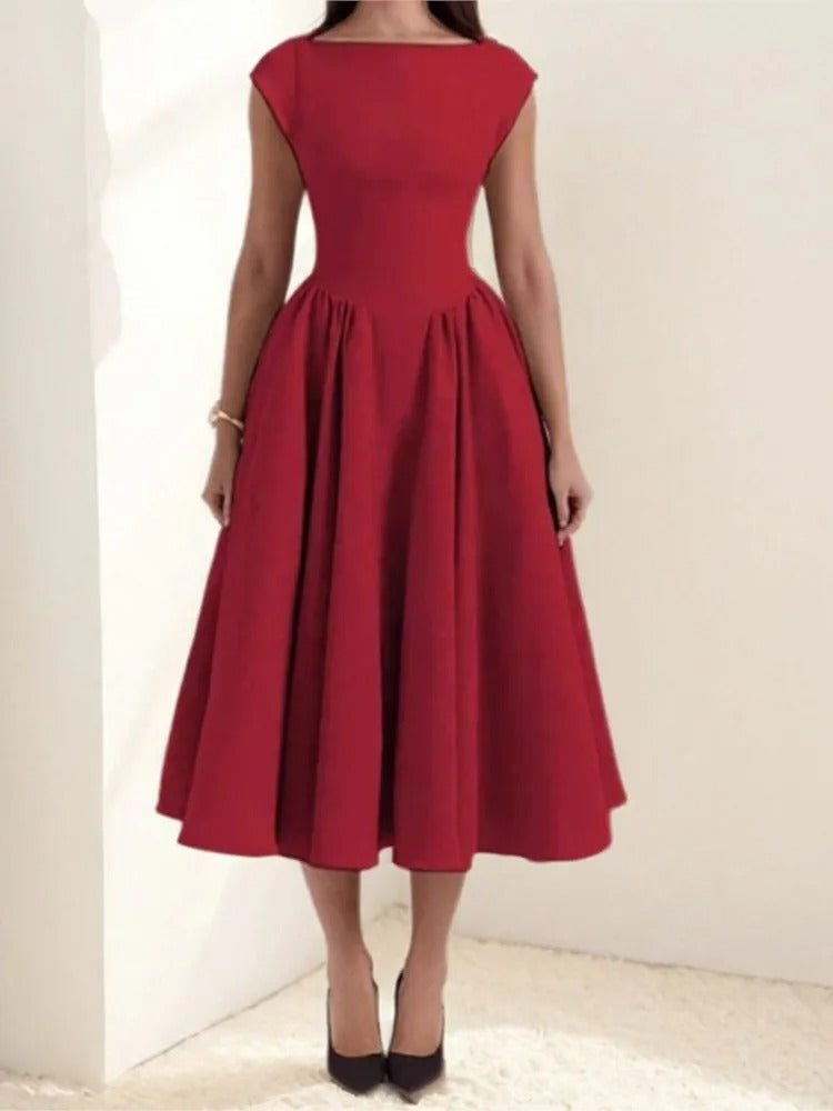 Satin midi party dress with cap sleeves in wine red