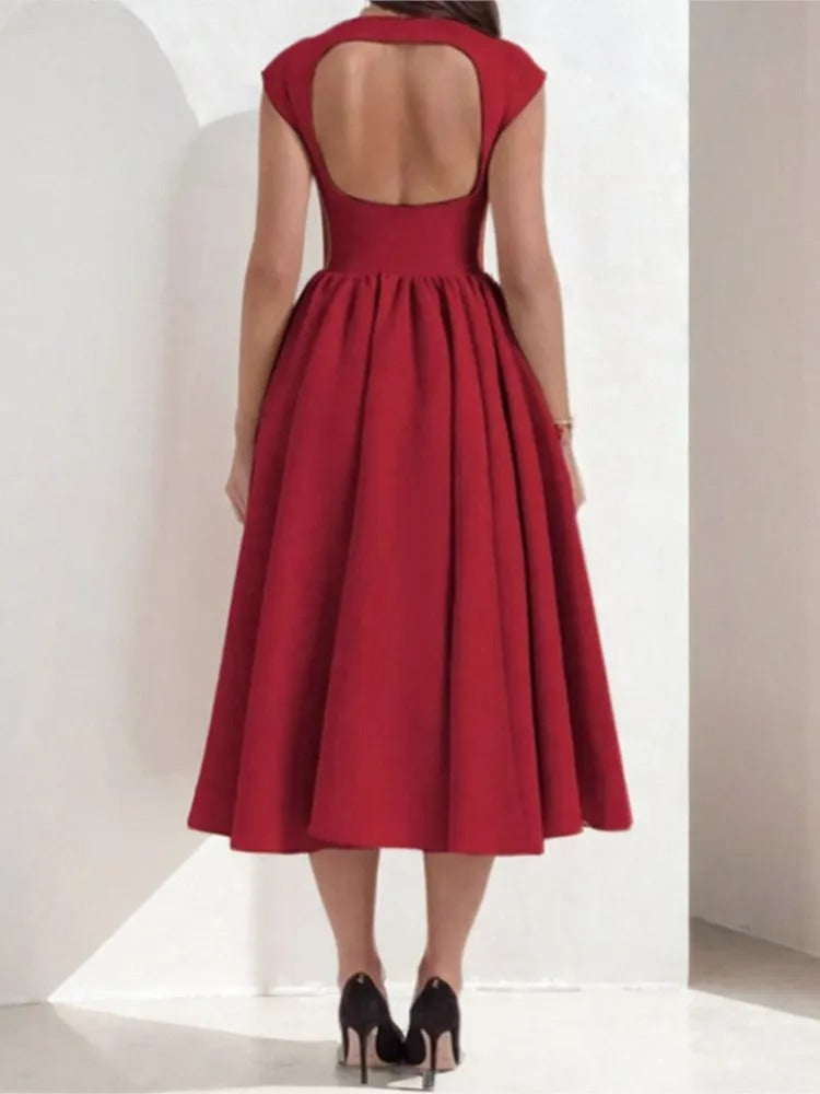 Satin midi party dress with cap sleeves in wine red