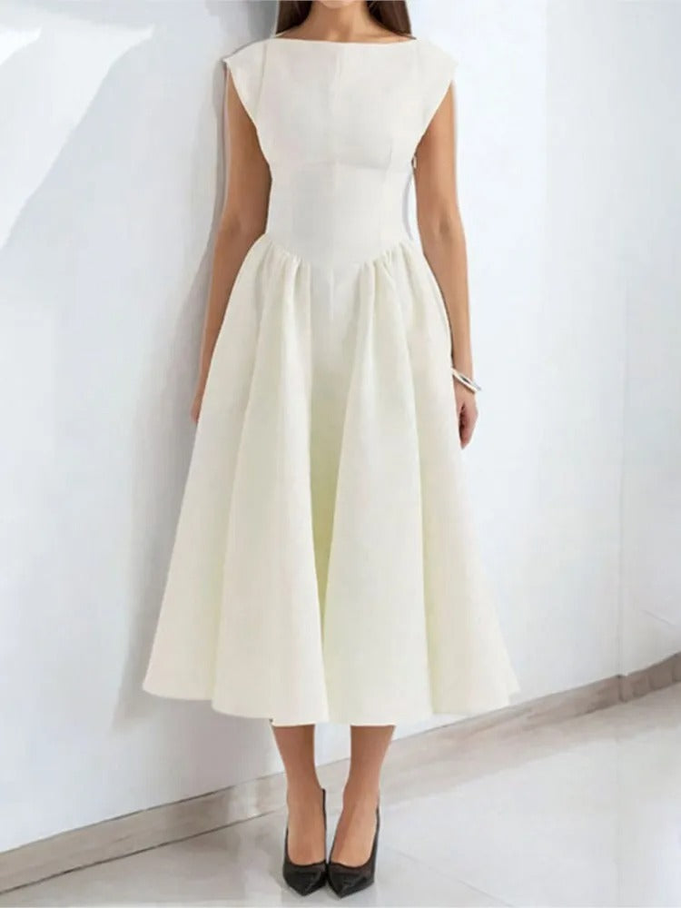 Satin midi party dress with cap sleeves in white