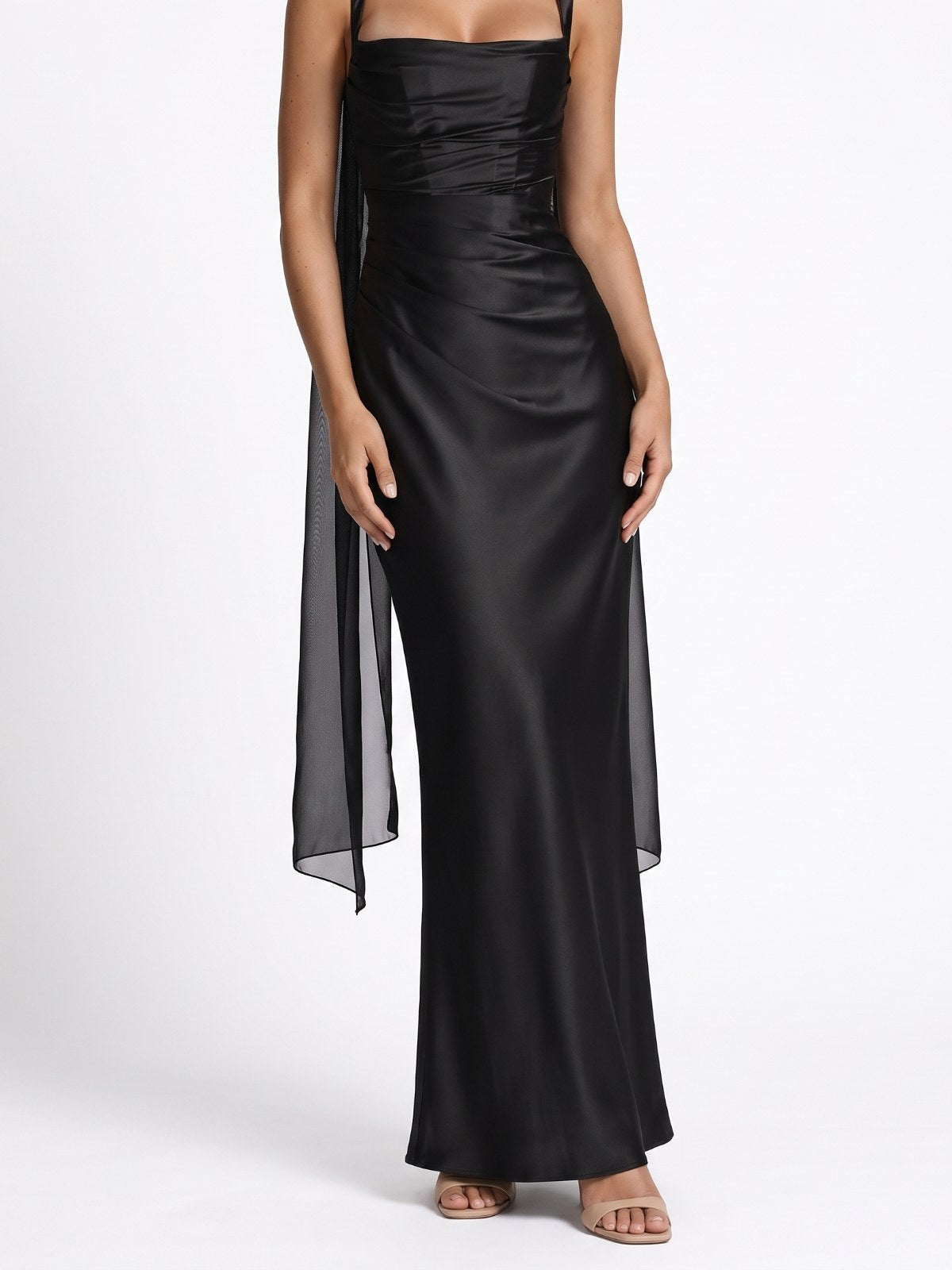 Black satin square neck maxi dress on a white background