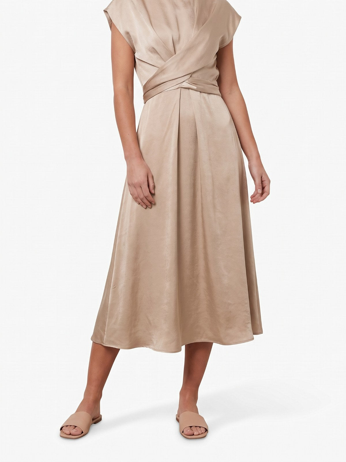Champagne satin wrap-front midi dress on a white background