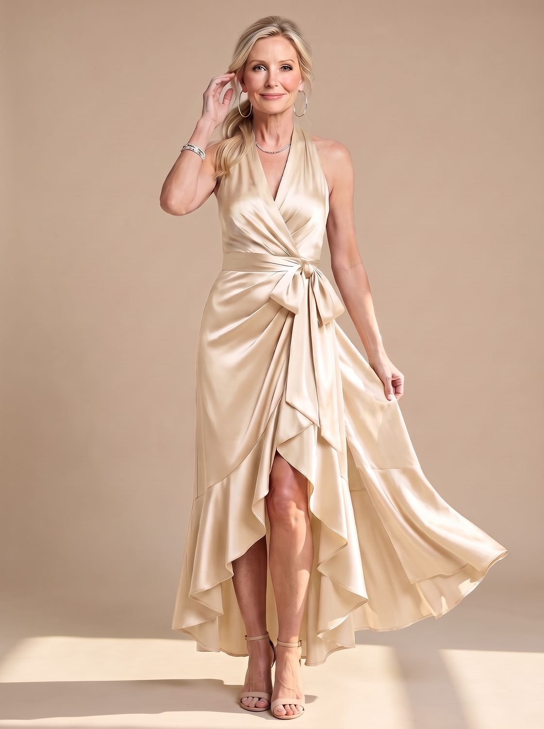 Satin wrap midi dress with halter neck in champagne