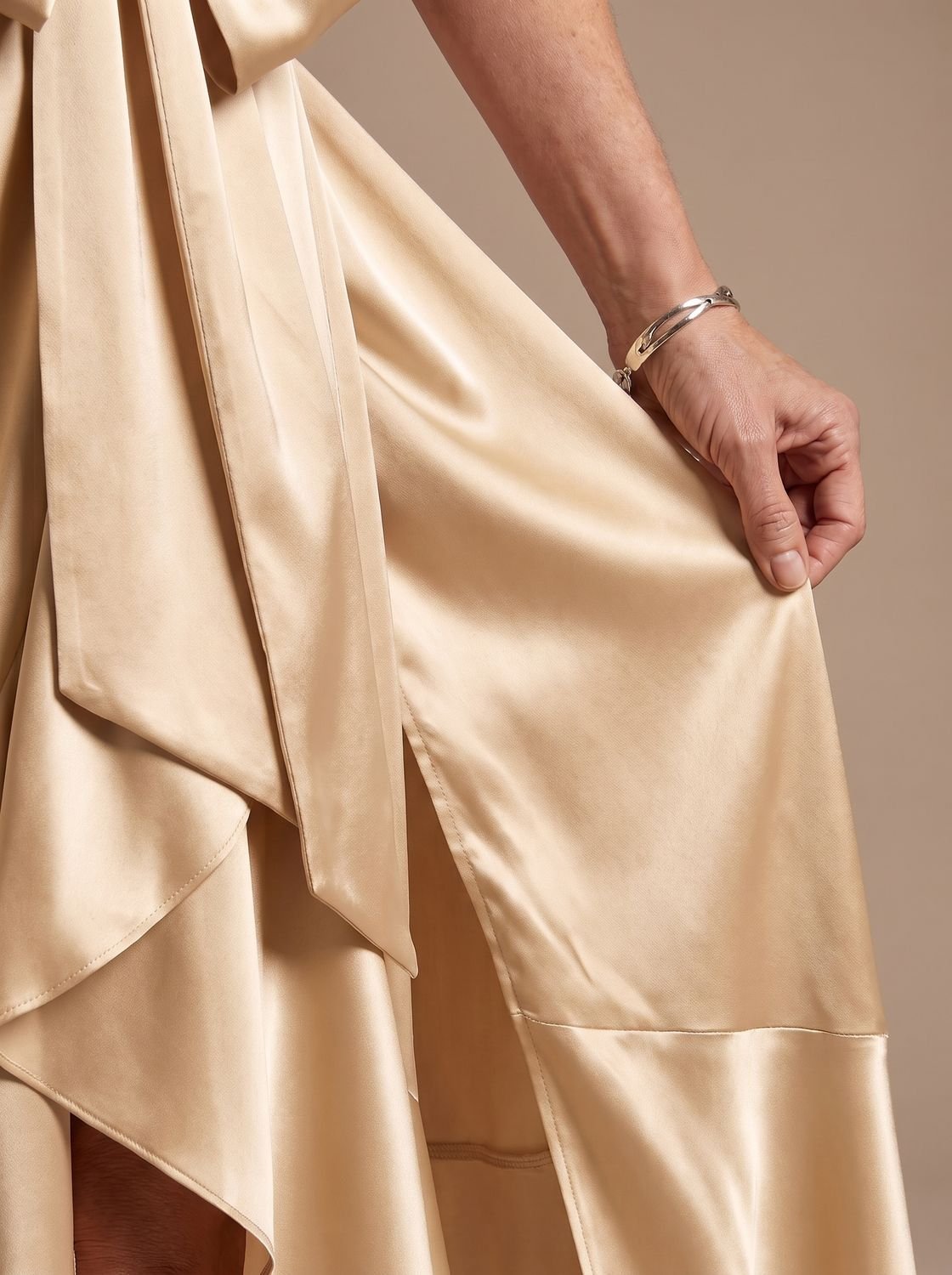Satin wrap midi dress with halter neck in champagne