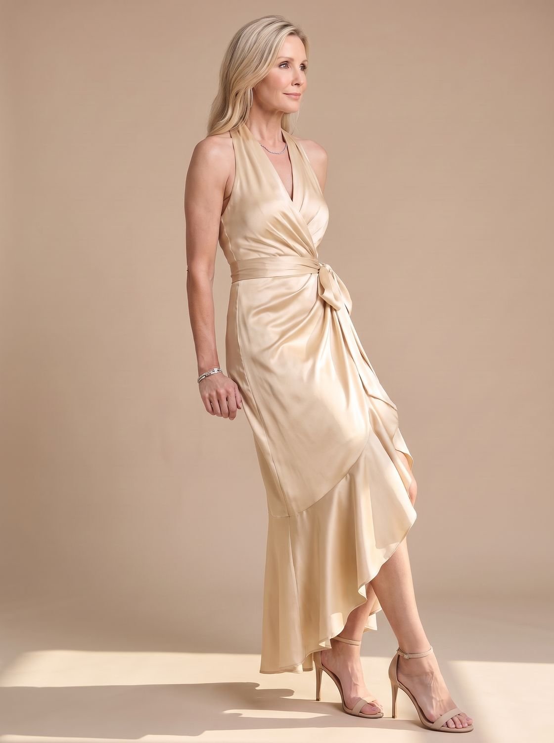 Satin wrap midi dress with halter neck in champagne