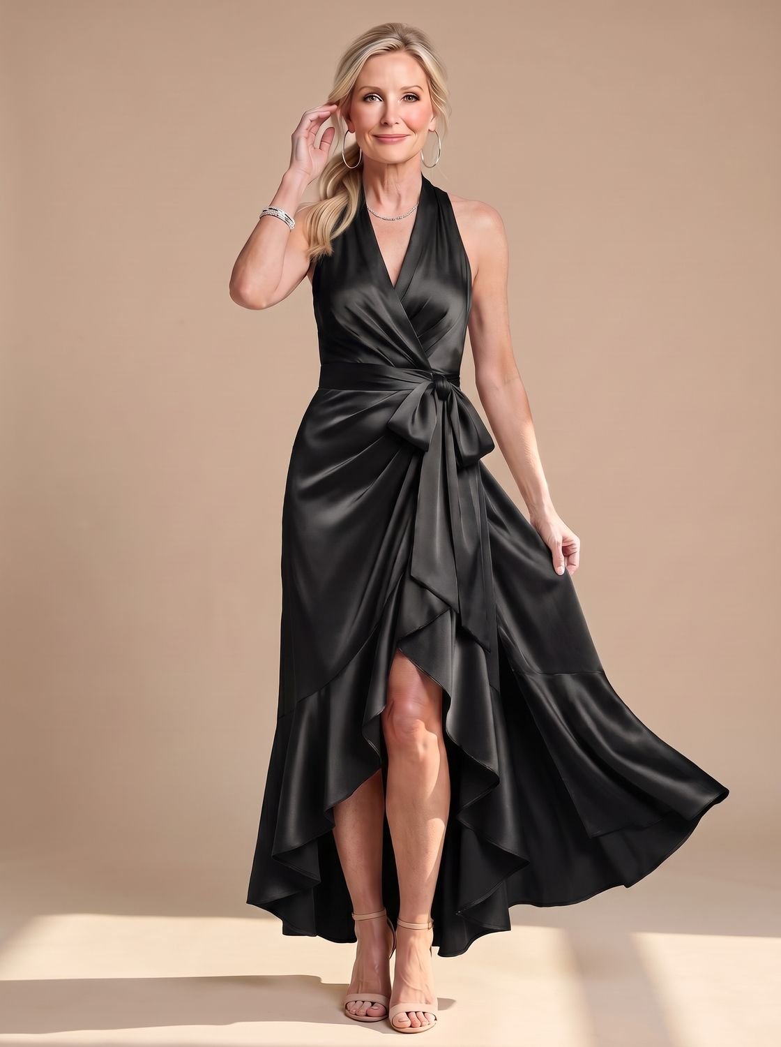 Satin wrap midi dress with halter neck in black