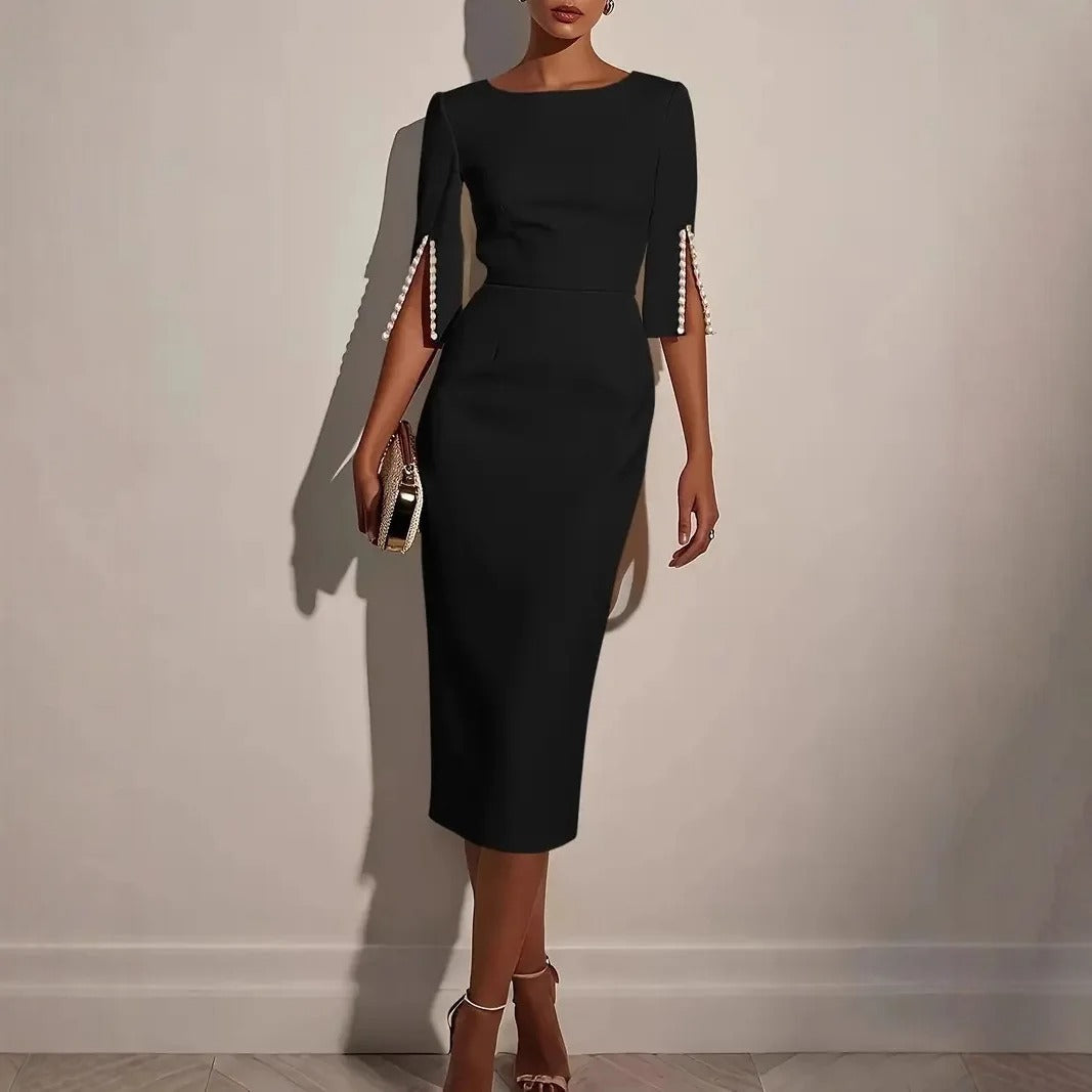 Sheath midi dress with boat neck and faux pearl trim in Black