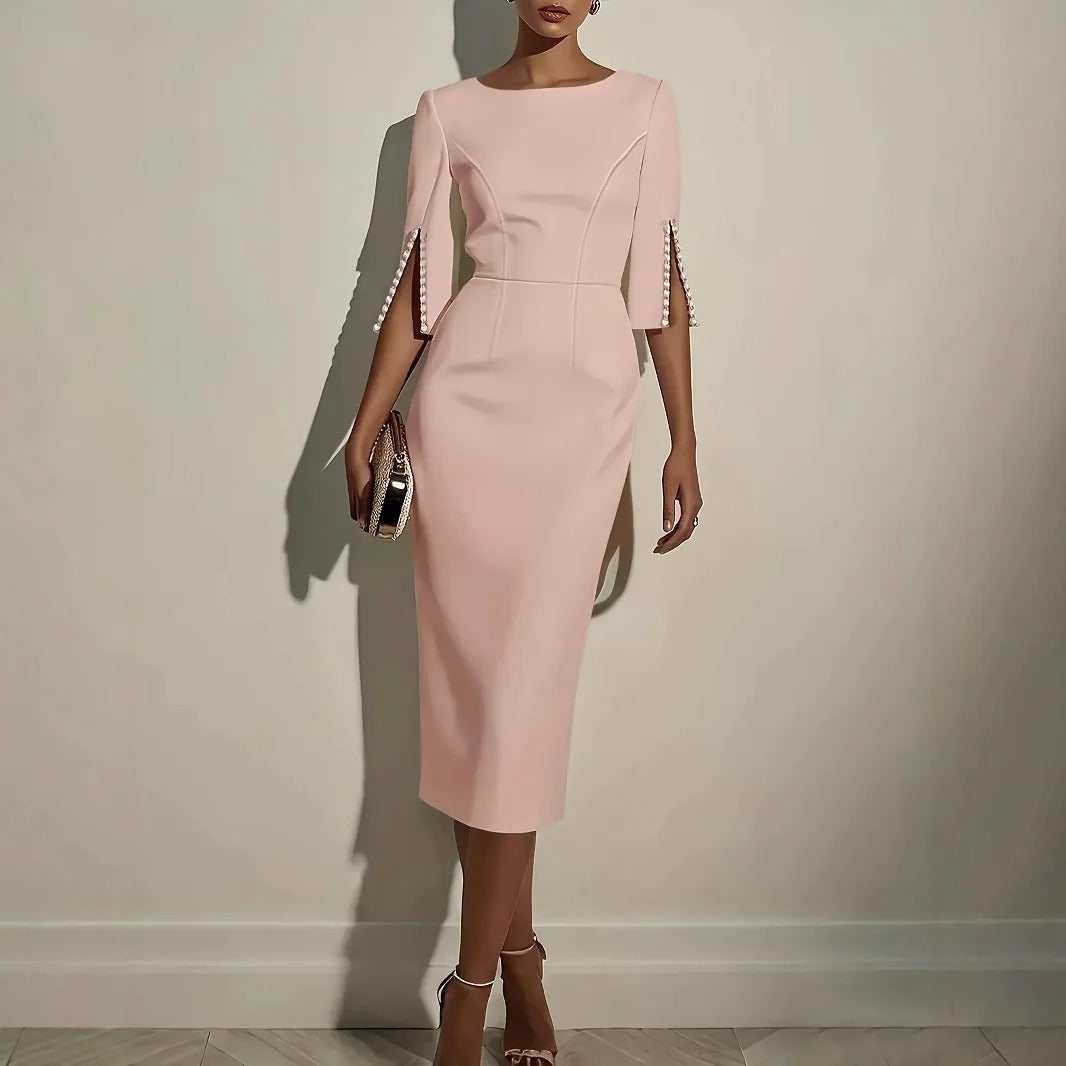 Sheath midi dress with boat neck and faux pearl trim in Pink