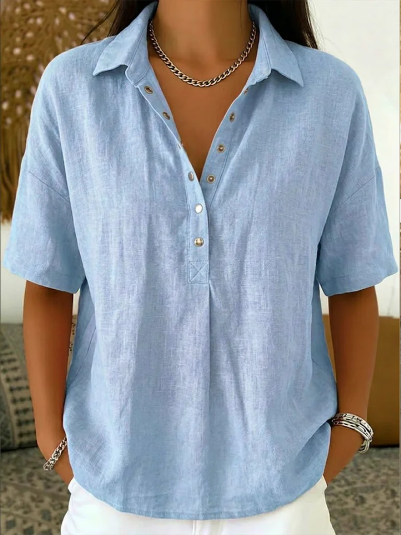 Short sleeve linen-look shirt with collar in sky blue
