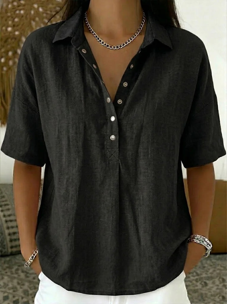 Short sleeve linen-look shirt with collar in black