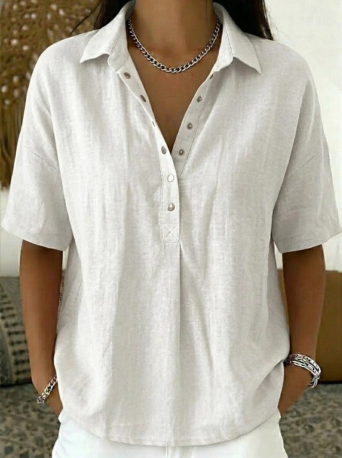 Short sleeve linen-look shirt with collar in white
