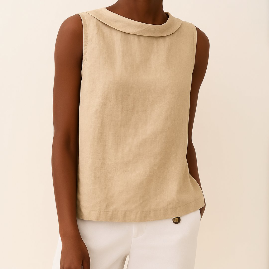 Sleeveless linen-look blouse with roll neck in beige