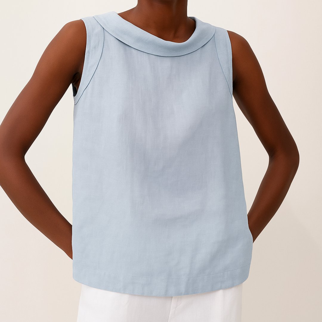 Sleeveless linen-look blouse with roll neck in blue