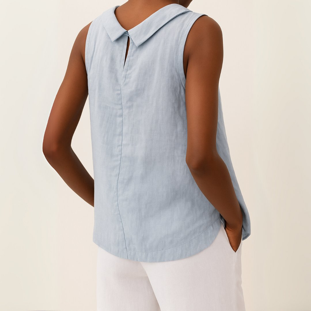 Sleeveless linen-look blouse with roll neck in blue