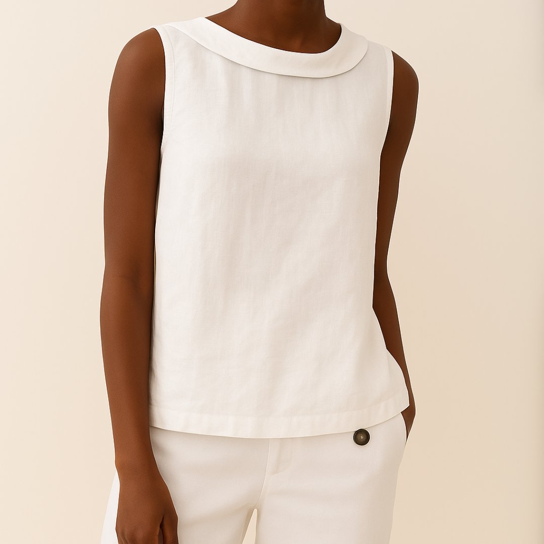 Sleeveless linen-look blouse with roll neck in white