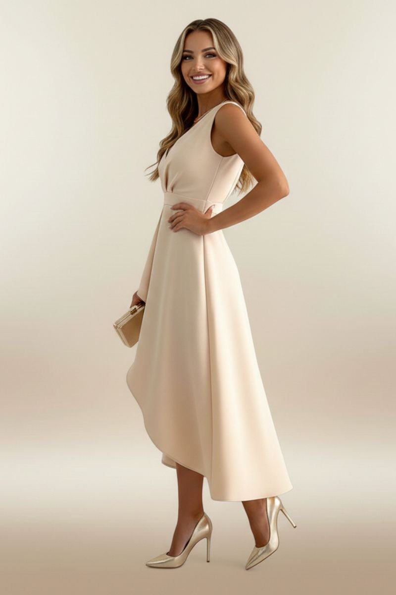 Sleeveless wrap midi dress with V-neck and fitted waist in Beige