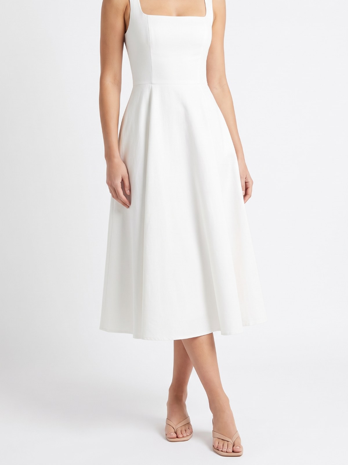 White square neck A-line midi dress with wide straps on a white background