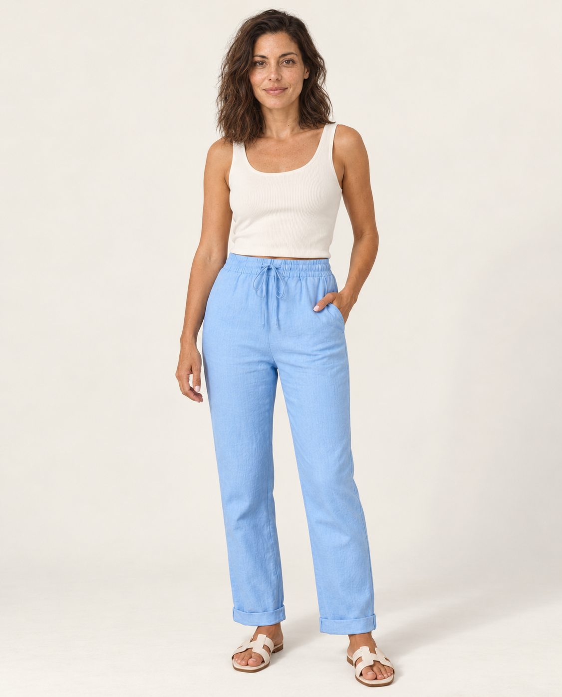 Straight leg linen-blend pants with drawstring waist in sky blue