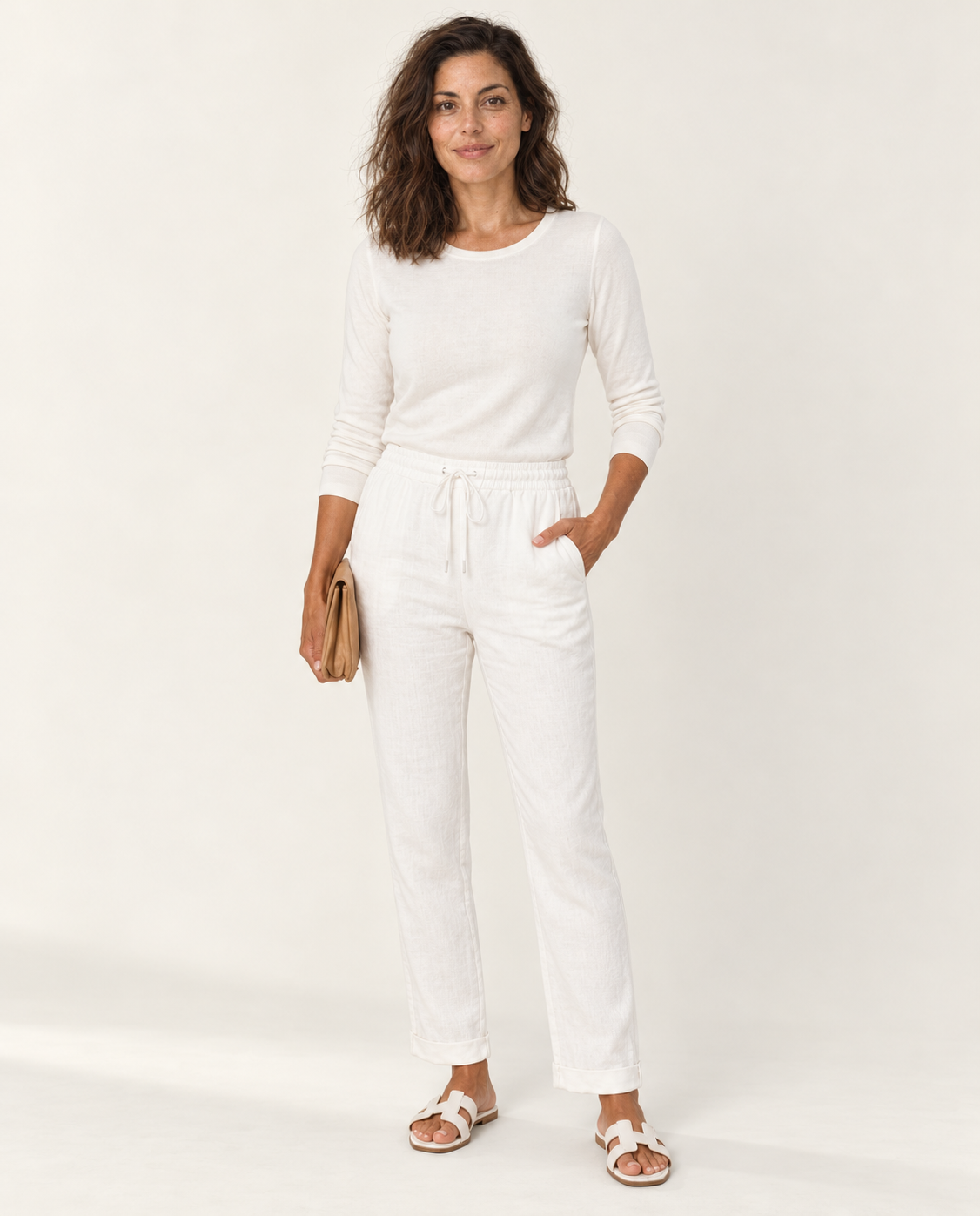 Straight leg linen-blend pants with drawstring waist in white
