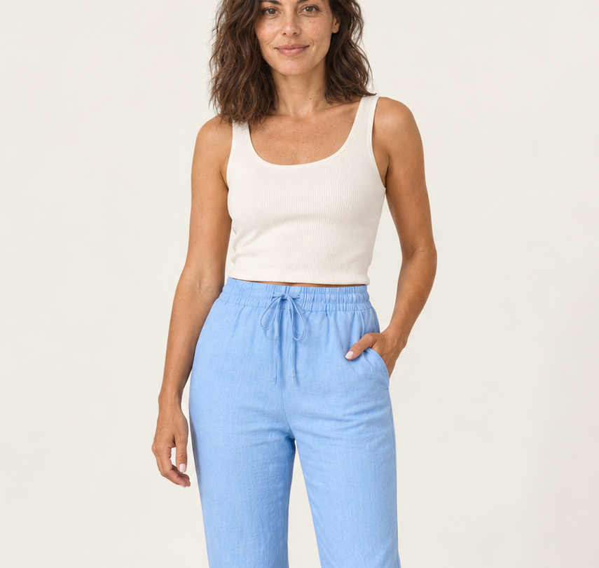 Straight leg linen-blend pants with drawstring waist in sky blue