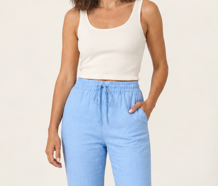 Straight leg linen-blend pants with drawstring waist in sky blue