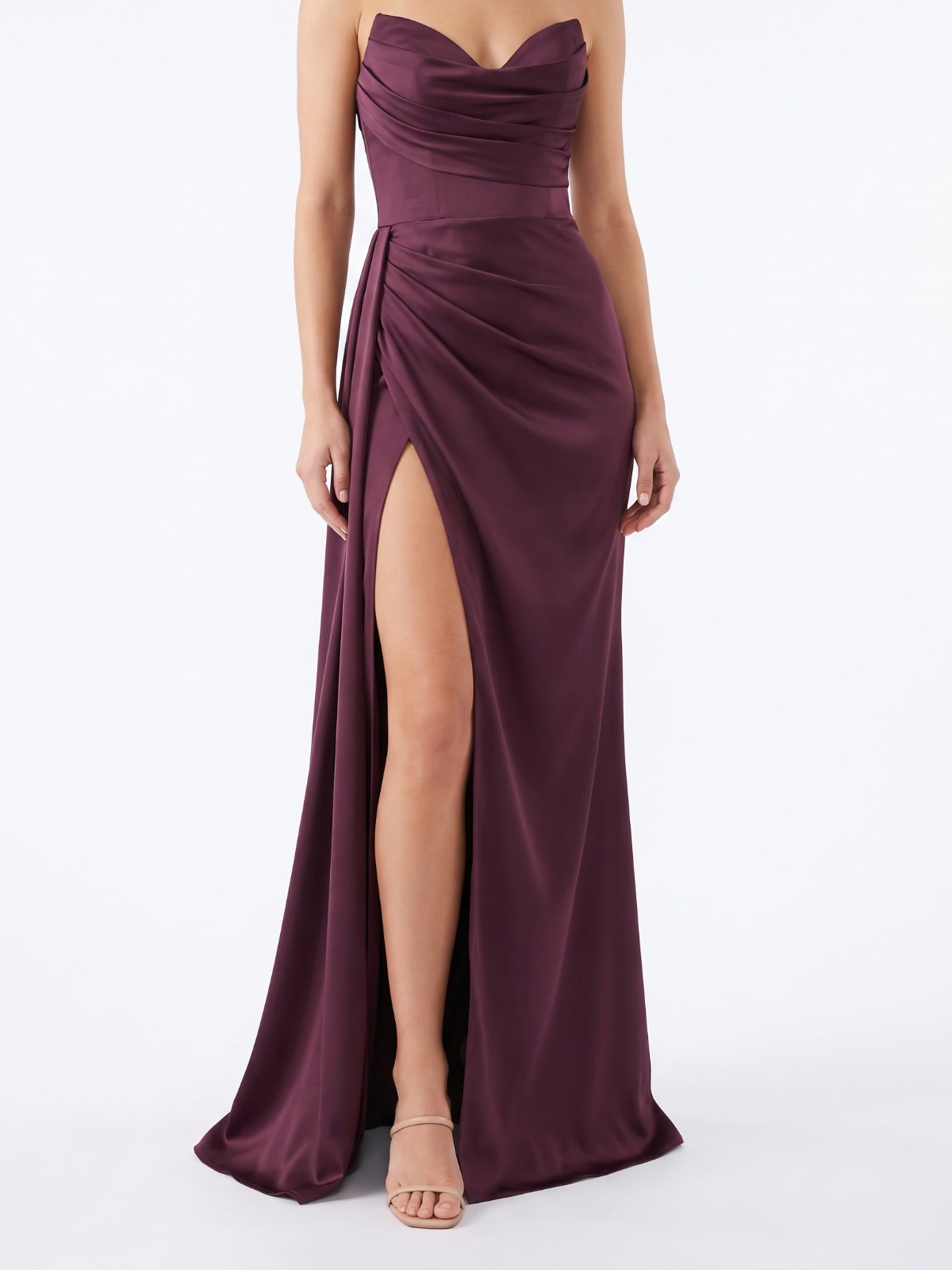 Burgundy strapless satin maxi dress with slit on a white background