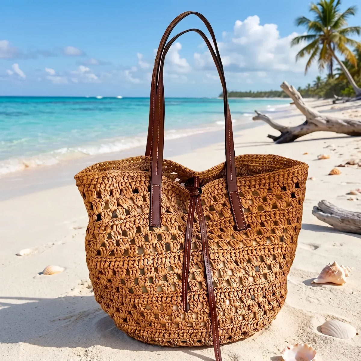 Straw beach bag with tie front on the beach