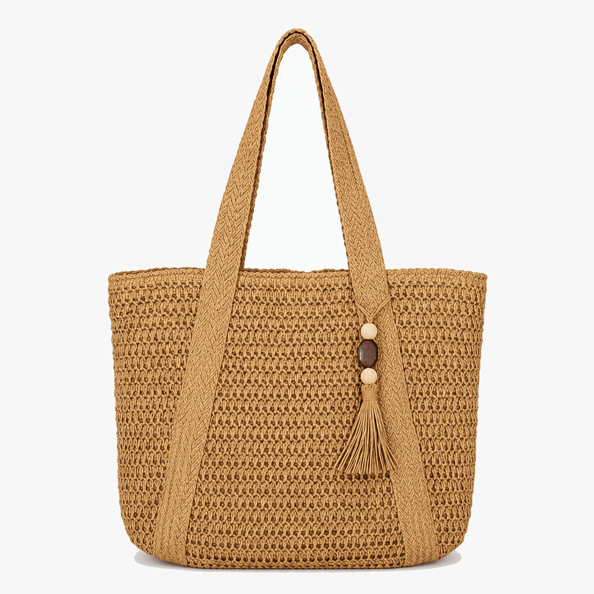 Straw tote bag with zip lining in warm tan