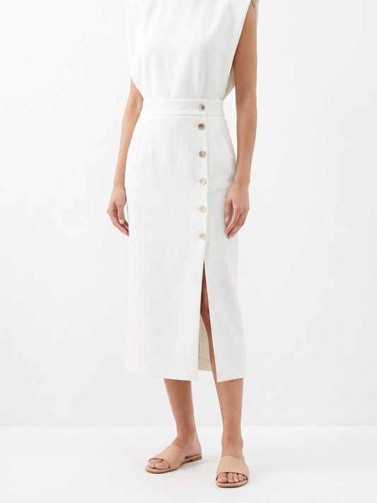 White structured side-button midi dress with split hem on a white background