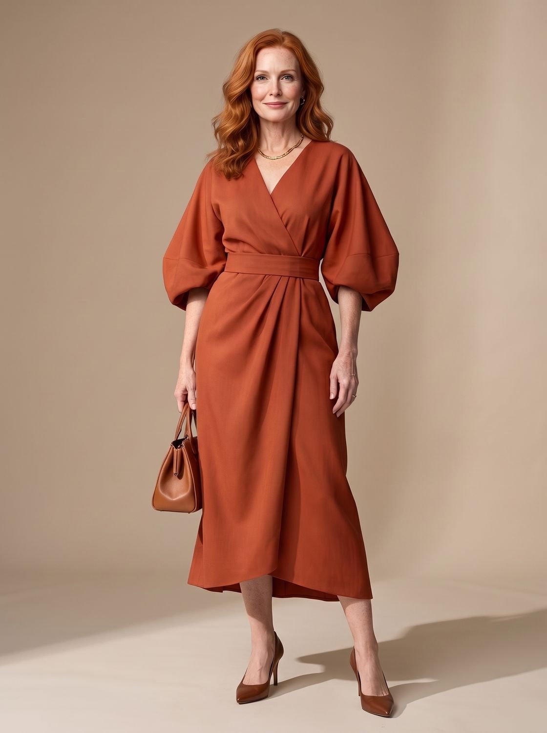 Structured midi dress in rust - front