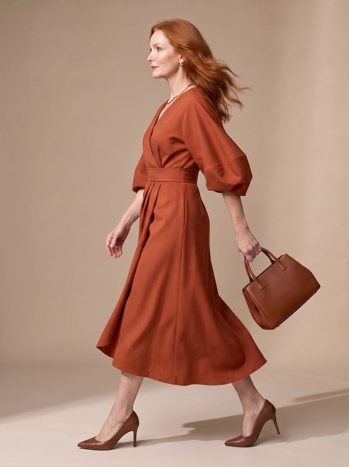Structured midi dress in rust - walking