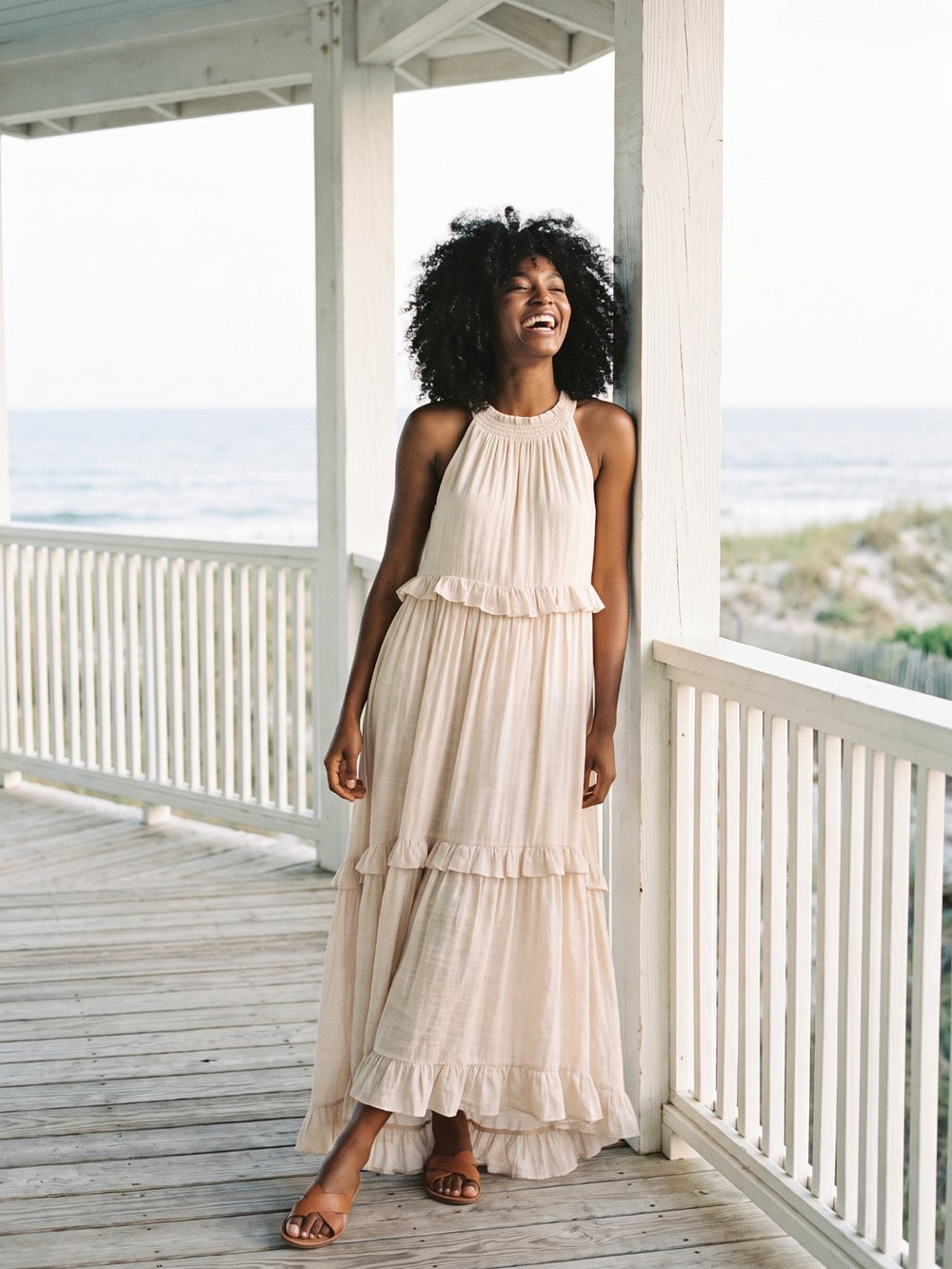 Tiered Ruffle Halter Maxi Dress with Tie Back