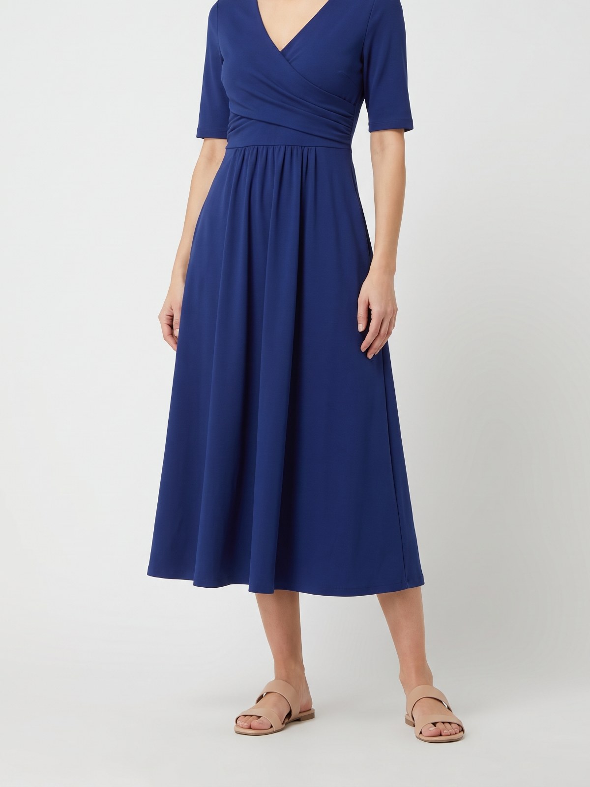 Navy V-neck cross-over A-line midi dress on a white background