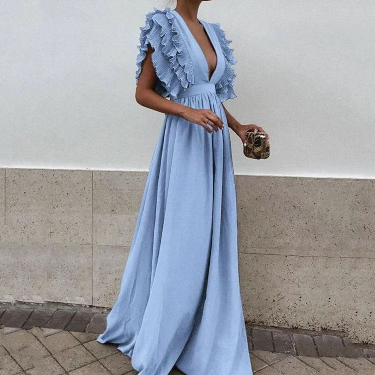 Wedding guest maxi dress with ruffled V-neck in Blue