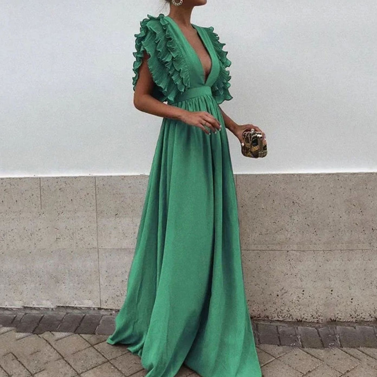 Wedding guest maxi dress with ruffled V-neck in Green