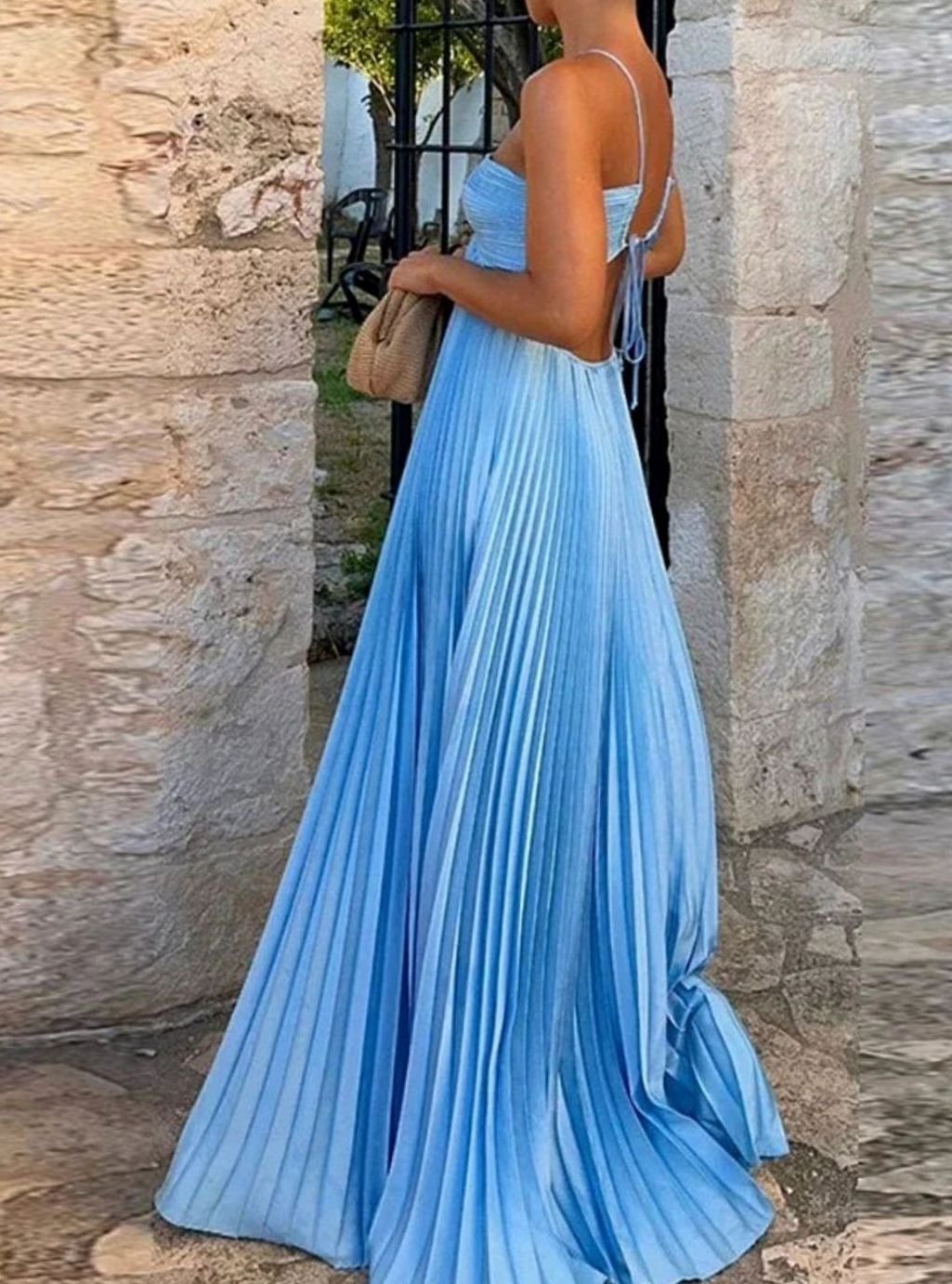Wedding guest pleated maxi dress with halter neck and cutout in Blue