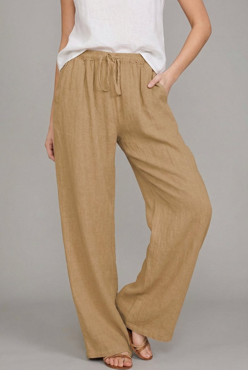 Wide leg linen-look pants with drawstring in sand