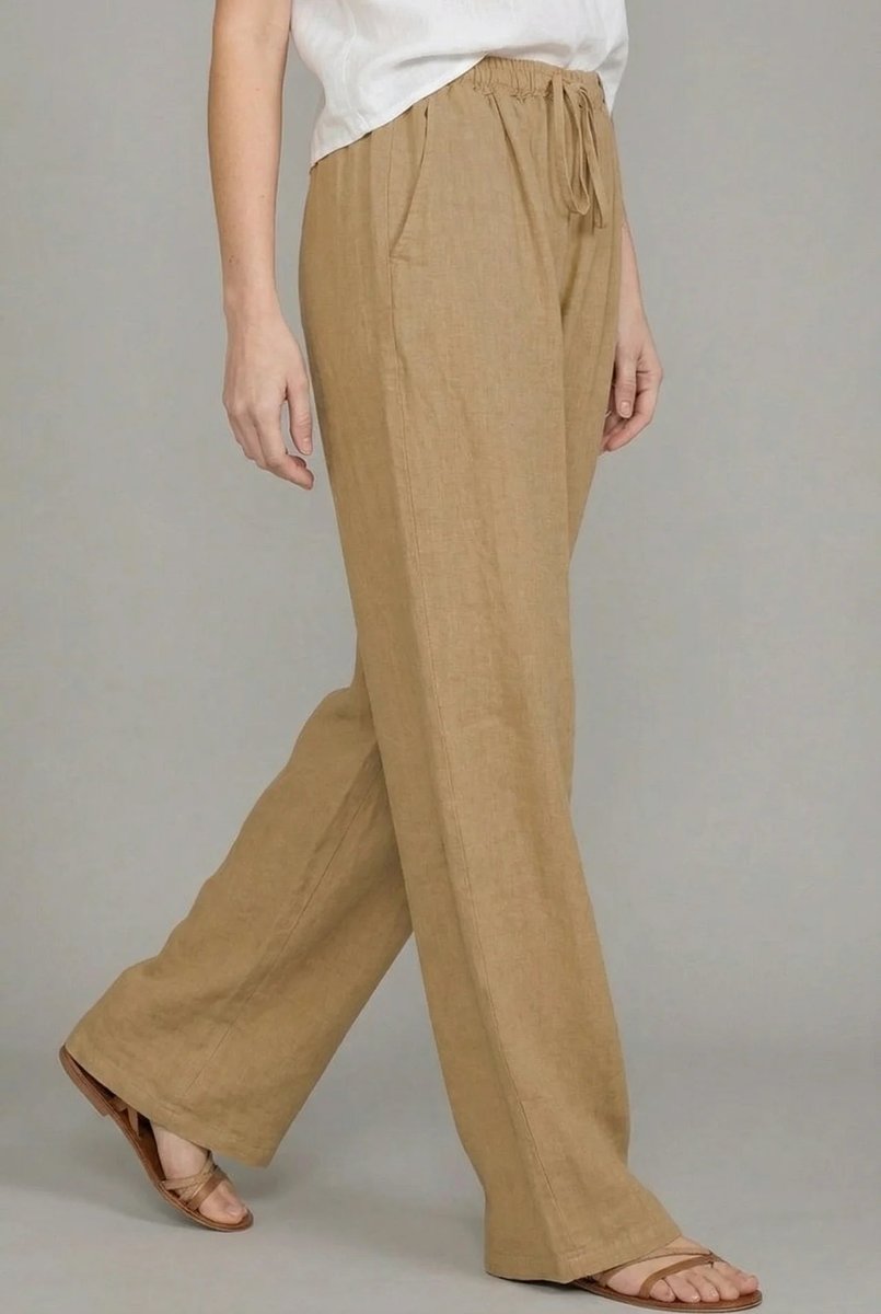 Wide leg linen-look pants with drawstring in sand