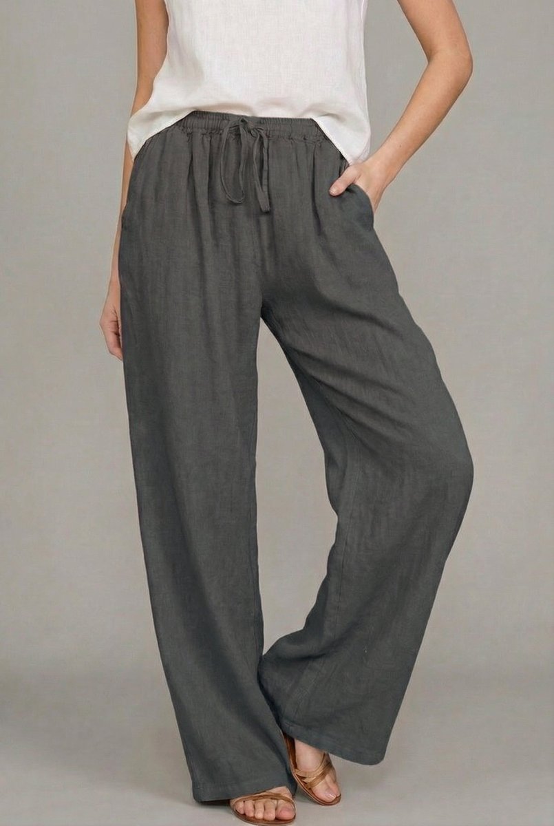 Wide leg linen-look pants with drawstring in charcoal