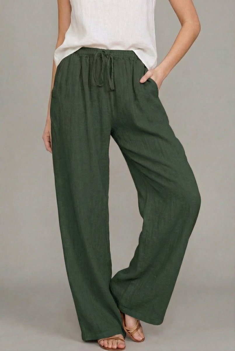 Wide leg linen-look pants with drawstring in olive