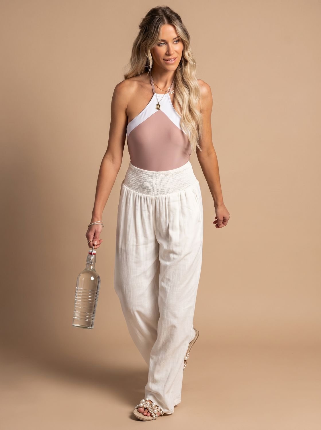 Wide leg linen-look pants with smocked high waist in white