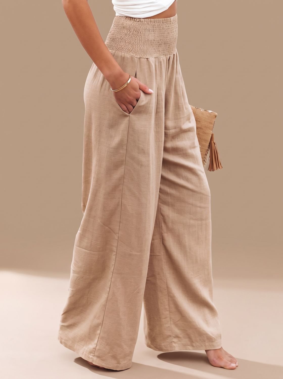 Wide leg linen-look pants with smocked high waist in beige