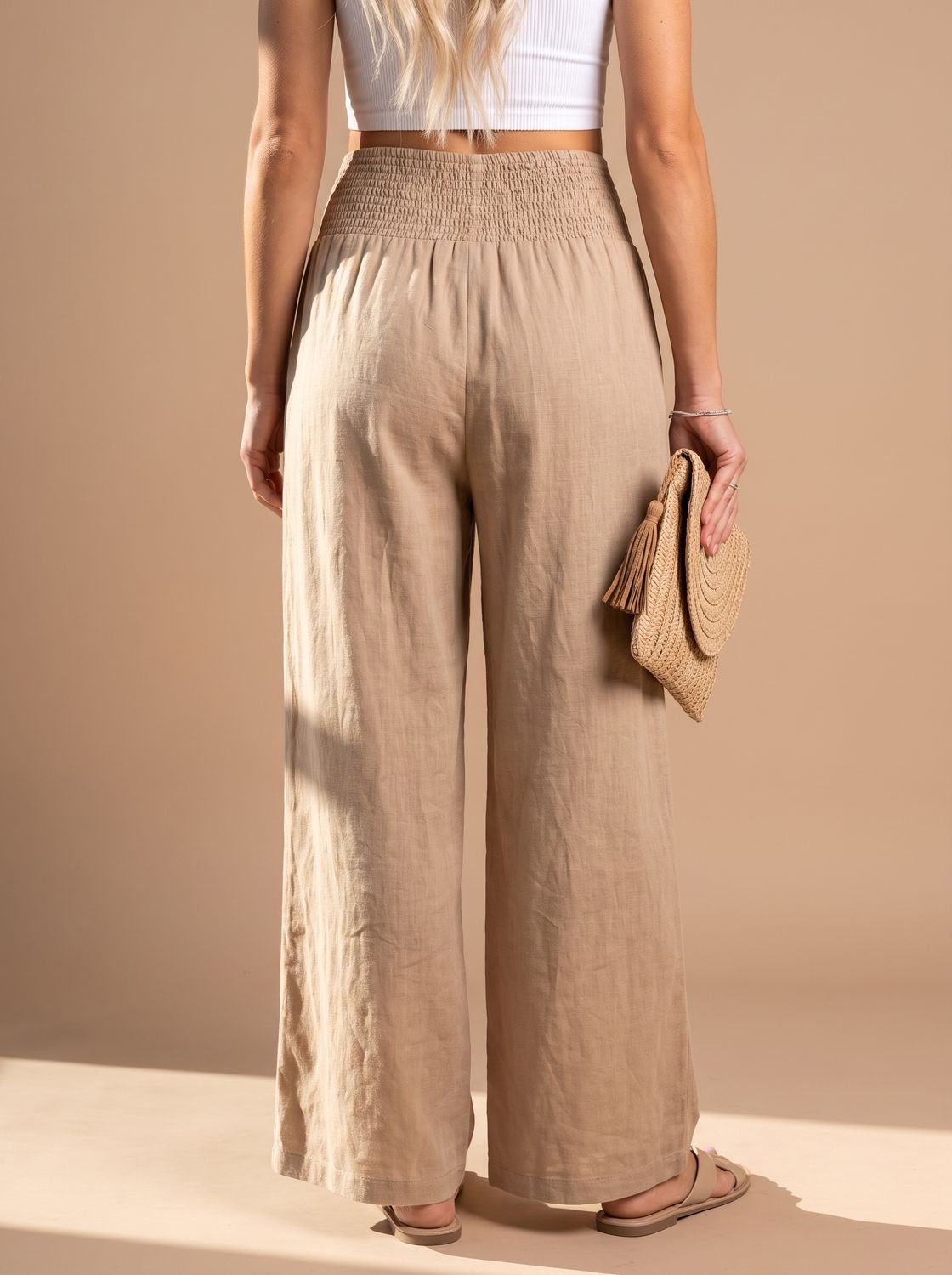 Wide leg linen-look pants with smocked high waist in beige