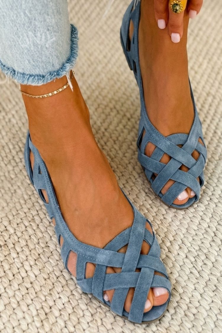 Woven flat sandals with open toe in sky blue