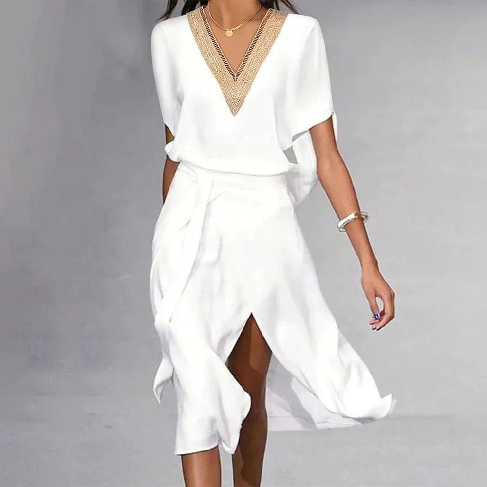 Wrap midi dress with gold-tone V-neck trim in white