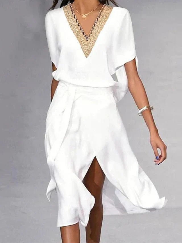 Wrap midi dress with gold-tone V-neck trim in white