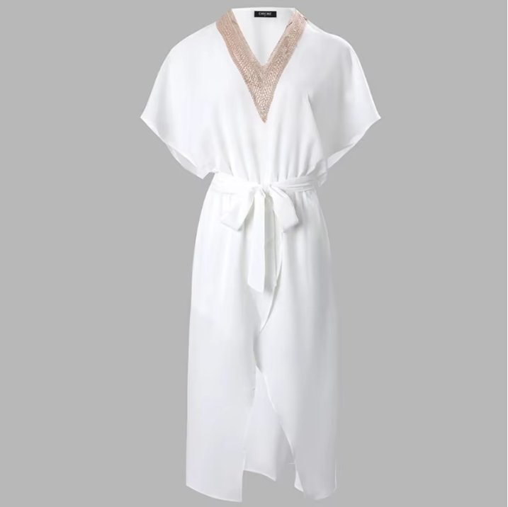 Wrap midi dress with gold-tone V-neck trim in white
