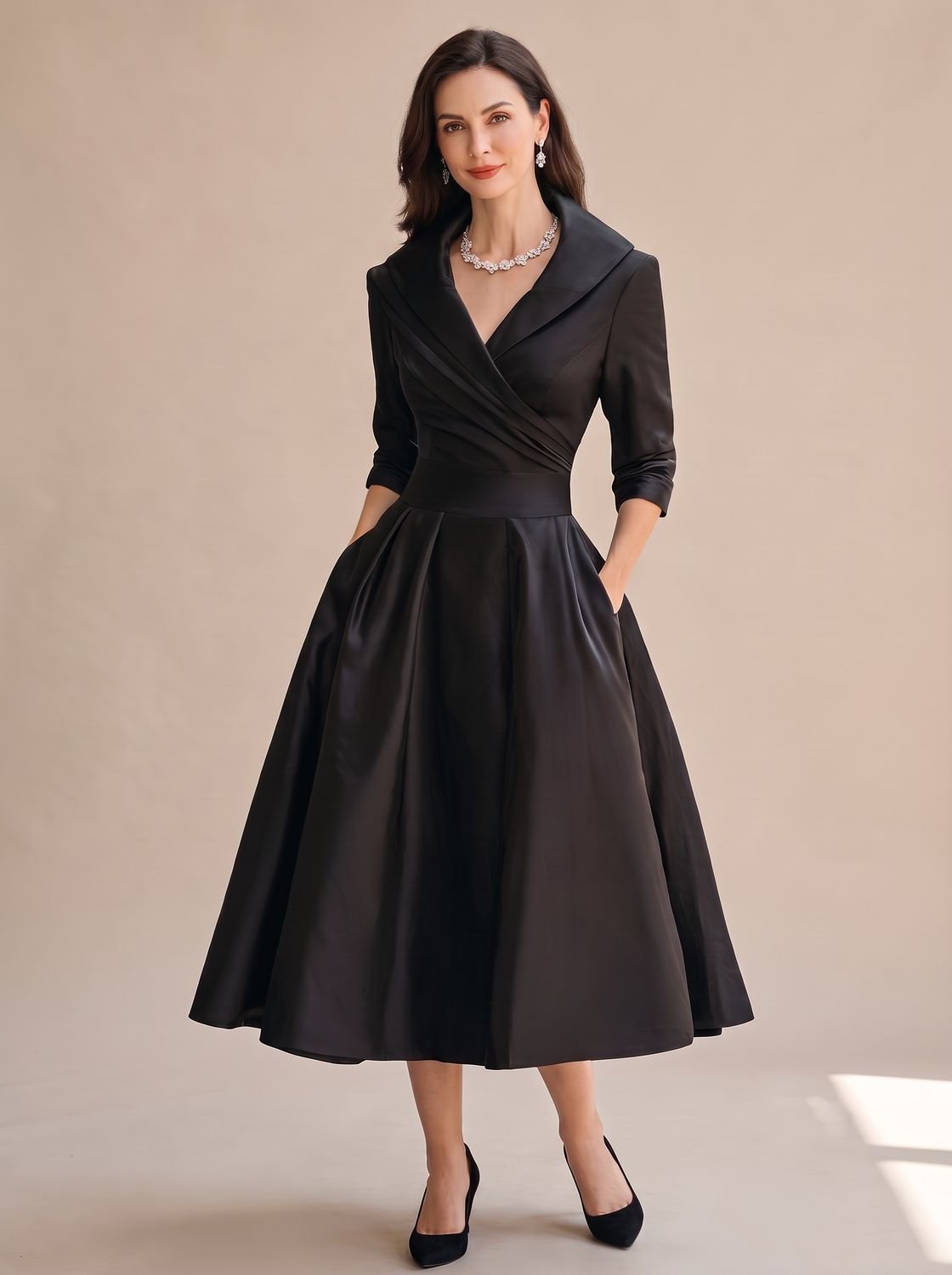 Wrap midi dress with shawl collar in black